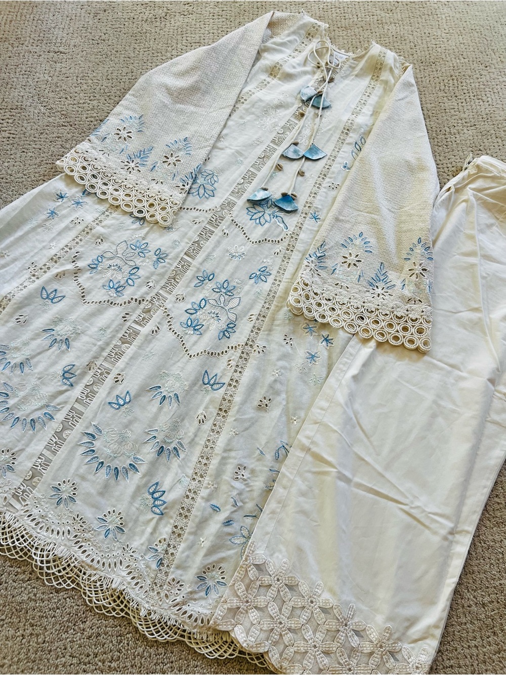 White & Light Blue Embroidered Dress with Tassel Details brand suffuse 2 piece